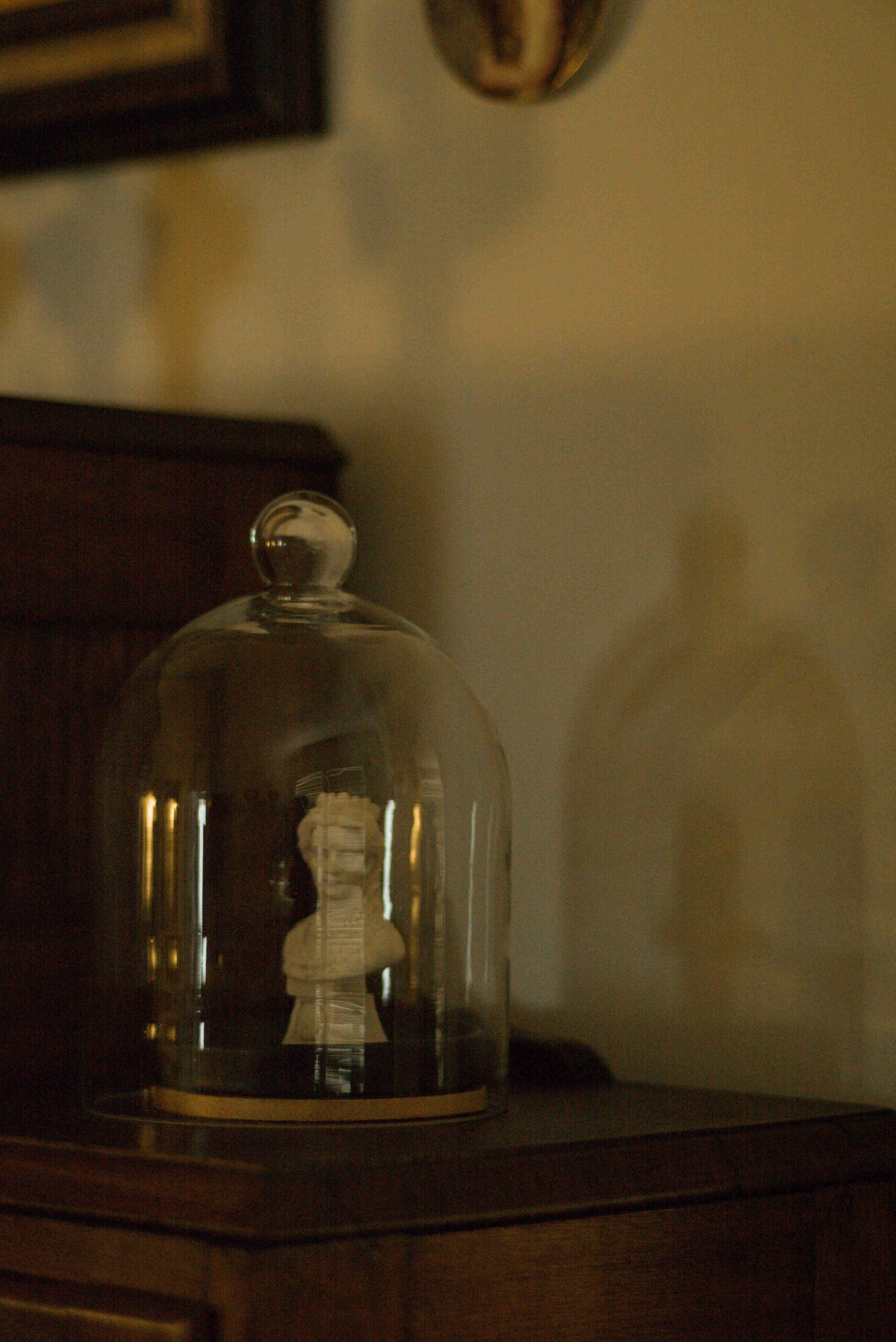 Beauty Everyday, 18: Small sculptural head displayed beneath a glass cover on a cabinet surface in warm interior light.